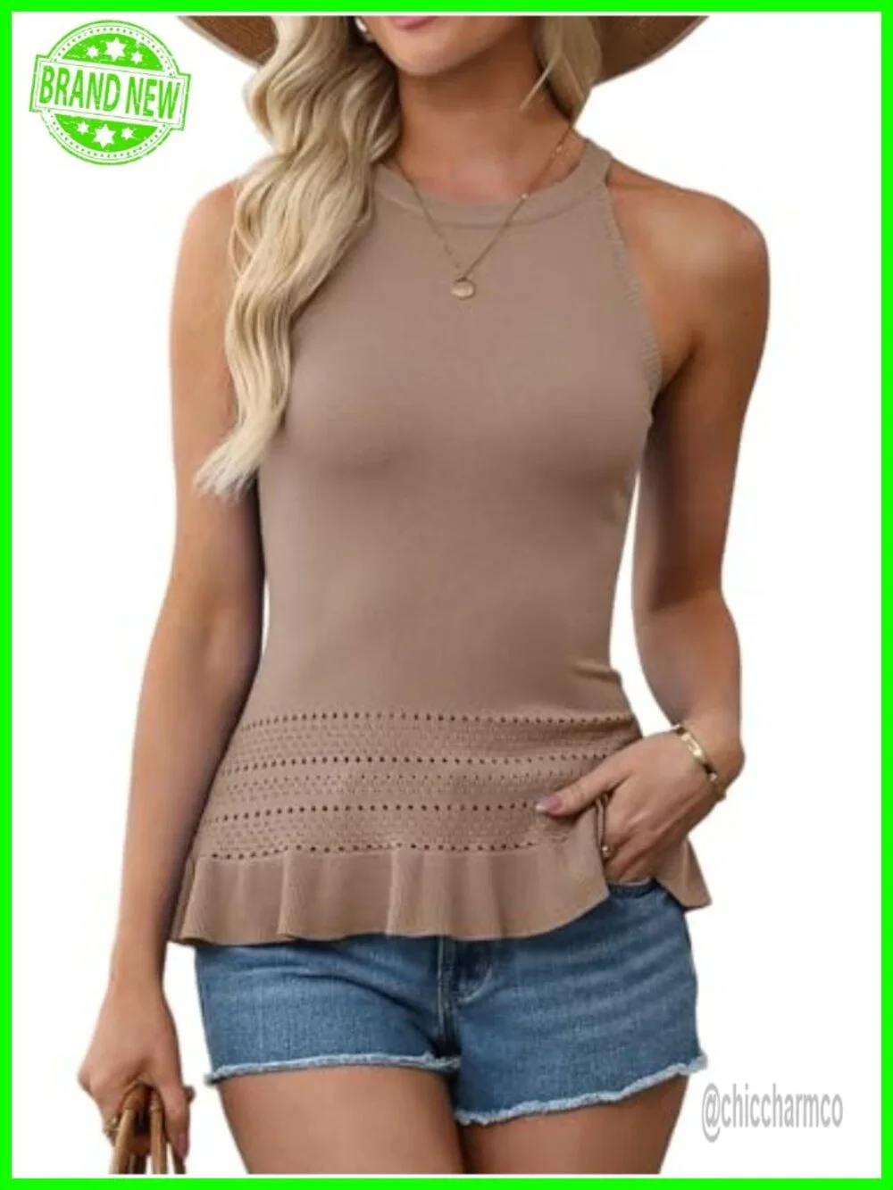 Crochet Crop Tank Top Sleeveless Halter Neck Ruffle Hem Knit Sweater Vest